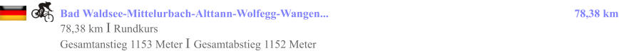 Bad Waldsee-Mittelurbach-Alttann-Wolfegg-Wangen...					                                                78,38 km 78,38 km I Rundkurs Gesamtanstieg 1153 Meter I Gesamtabstieg 1152 Meter